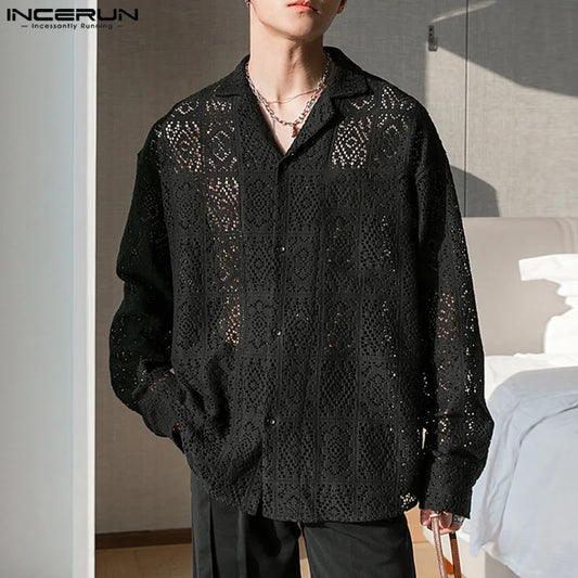 INCERUN 2024 Men Shirt Lace Transparent Loose Lapel Long Sleeve Men Clothing Streetwear Sexy Hollow Out Fashion Casual Shirts