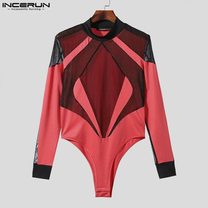 INCERUN 2024 Sexy Style Jumpsuits New Mens Fashion Mesh Large Diamond Patchwork Rompers Casual Thin Long Sleeved Bodysuits S-3XL