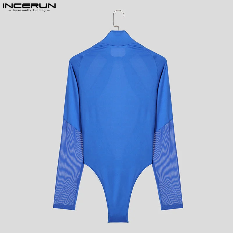 INCERUN 2024 Sexy Men Homewear Flash Polka Dot Patchwork Mesh Jumpsuits Half High Collar Long Sleeved Triangular Bodysuits S-5XL