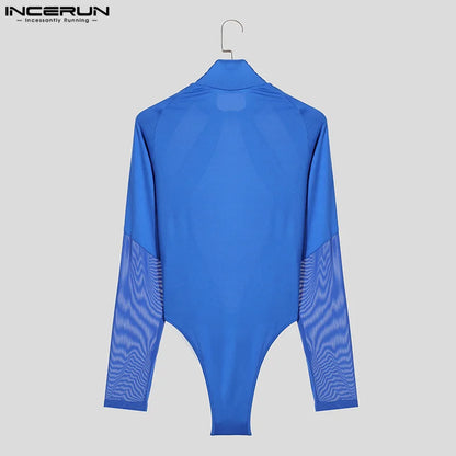 INCERUN 2024 Sexy Men Homewear Flash Polka Dot Patchwork Mesh Jumpsuits Half High Collar Long Sleeved Triangular Bodysuits S-5XL