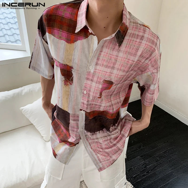 Fashion Casual Style Tops INCERUN 2024 Men's Striped Checkered Printed Shirts Summer Streetwear Short Sleeved Lapel Blouse S-5XL