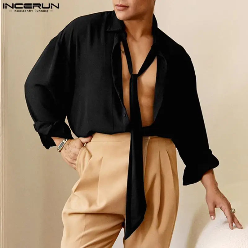 INCERUN Tops 2023 American Style New Men's Fashion Ribbon Design Shirts Casual Street Solid All-match Loose Sleeved Blouse S-5XL