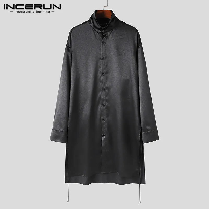 INCERUN Tops 2024 Korean Style New Men Satin Texture High Neck Shirts Casual Well Fitting Solid Medium Long Sleeved Blouse S-5XL