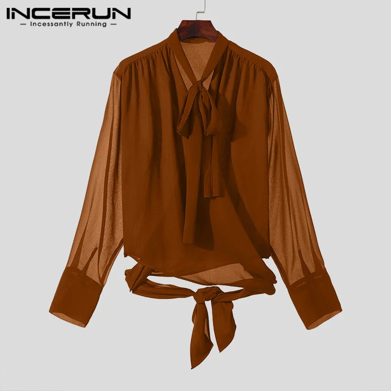 Sexy Stylish Style Tops INCERUN Men's See-through Thin Bow Tie Knot Design Shirts Fashion Casual Male Long Sleeved Blouse S-5XL