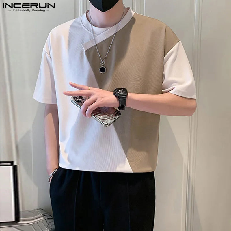 INCERUN Tops 2024 Korean Style Handsome Men's O-neck Irregular Patchwork T-shirts Casual Streetwear Short Sleeved Camiseta S-5XL