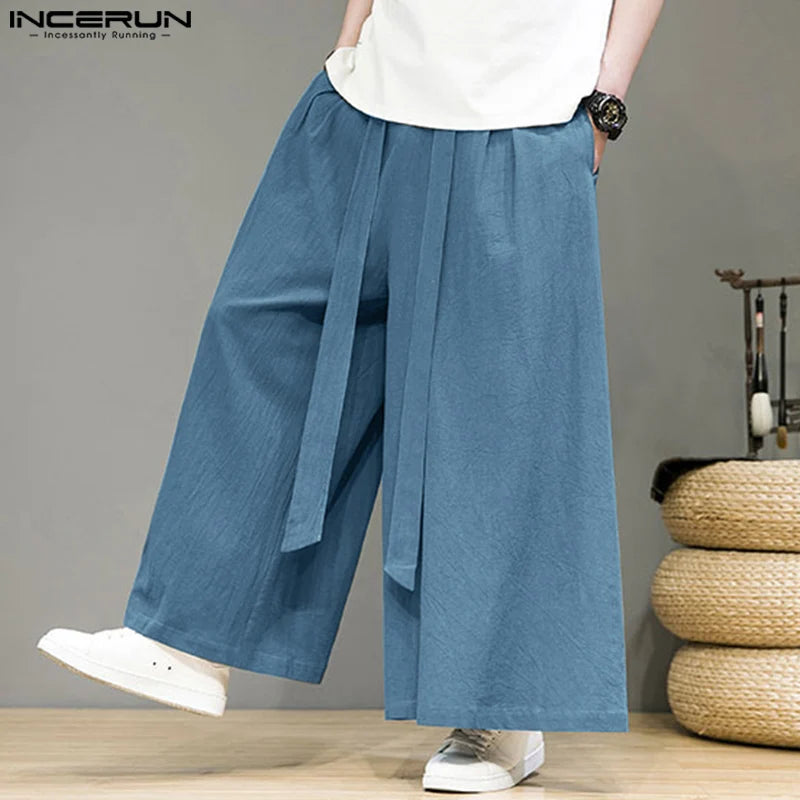 INCERUN 2023 Chinese Style Men's Long Pants Cotton Linen Straight Tube Trousers Solid Loose Size Wide Leg Casual Pantalons S-5XL