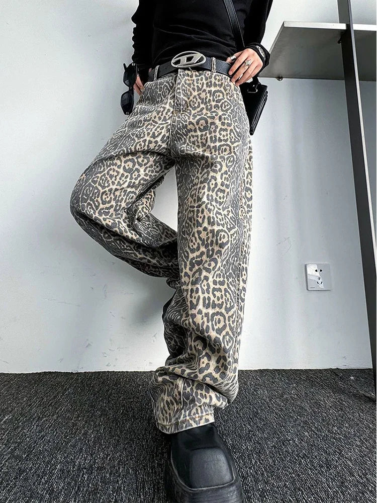 HOUZHOU Leopard Jeans Men Denim Pants Male Oversize Wide Leg Trousers Streetwear Hip Hop Vintage Animal Print Loose Casual