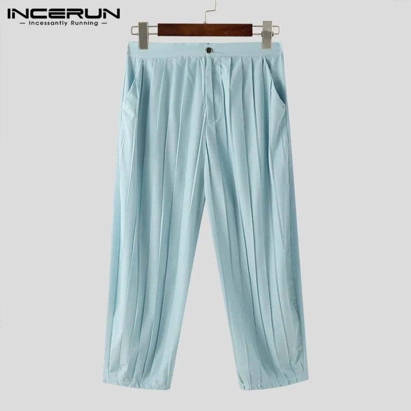 INCERUN 2024 Koreanische Stil Neue Herren Pantalons Plissee Lose Breite Bein Hosen Casual Solide Alle-spiel Bequeme Lange Hosen S-5XL