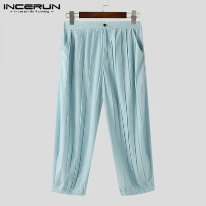 INCERUN 2024 Korean Style New Mens Pantalons Pleated Loose Wide Leg Trousers Casual Solid All-match Comfortable Long Pants S-5XL