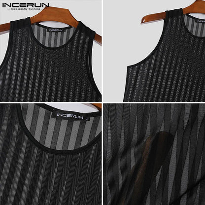 INCERUN Tops 2024 Korean Style Mens Sexy See-through Striped Vests Summer Casual Hot Sale Thin Sleeveless O-neck Tank Tops S-5XL