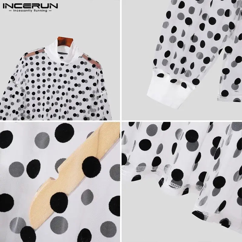 INCERUN Tops 2024 Sexy Men's Polka Dot See-through Mesh T-shirt Sexy Clubwear Half High Collar Bishop Long Sleeve Camiseta S-5XL