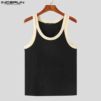 INCERUN Tops 2024 Koreanische Stil Mode Für Männer Sexy Engen Kragen Kontrast Farbe Westen Sommer Streetwear Ärmellose Tank Tops S-5XL