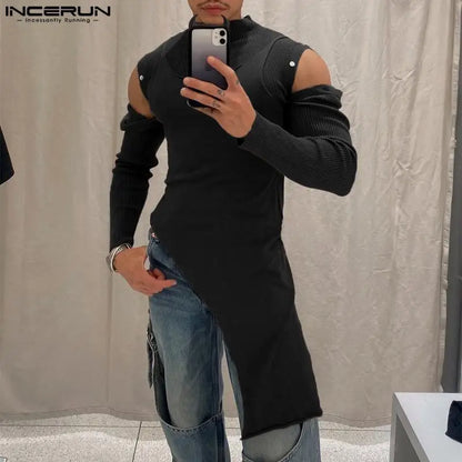 INCERUN Men Irregular T Shirts Patchwork Long Sleeve Off Shoulder Patchwork Turtleneck Men Clothing Streetwear 2023 Camisetas