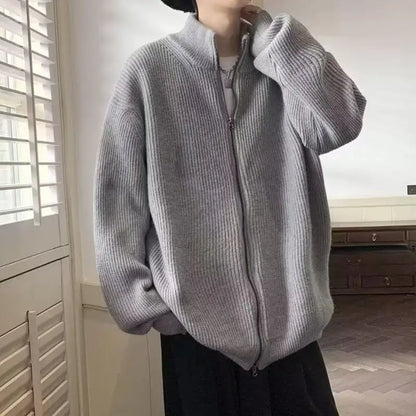 HOUZHOU Y2K Knitted Cardigan Sweater Men Blue Long Sleeve Jumpers Jacket Turtleneck Patchwork Zipper Coat Male Korean Clothes