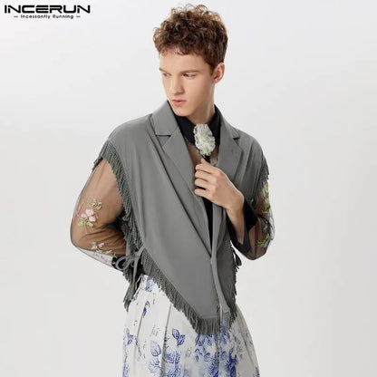 2024 Men Irregular Vests Tassel Patchwork Lapel Sleeveless One Button Waistcoats Lace Up Streetwear Fashion Casual Vests INCERUN