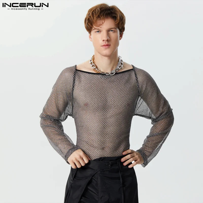 Sexy Fashionable Style Tops INCERUN Men Sparkling See-through Mesh Fabric T-shirt Male Hollow Design Long Sleeved Camiseta S-3XL