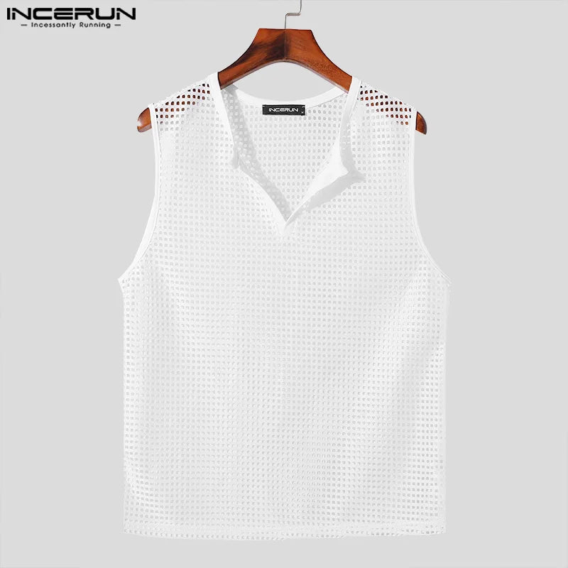 INCERUN Tops 2024 Korean Style New Mens Fashion V-neck Mesh Hollow Out Vests Casual Well Fitting Male Sleeveless Tank Tops S-5XL