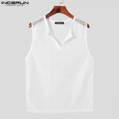 INCERUN Tops 2024 Korean Style New Mens Fashion V-neck Mesh Hollow Out Vests Casual Well Fitting Male Sleeveless Tank Tops S-5XL