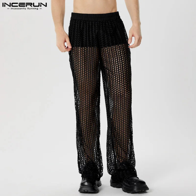 INCERUN 2024 Hosen im amerikanischen Stil Sexy Herren dünne hohle Mesh-Design lange Hosen Casual Party Show Hot Selling Pantalons S-5XL