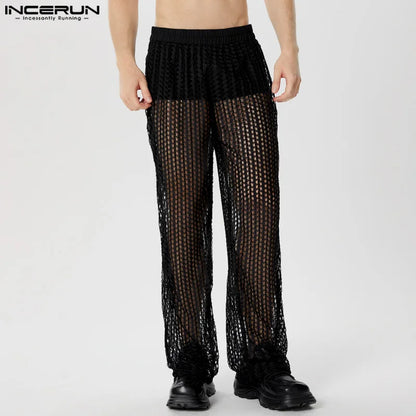 INCERUN 2024 American Style Trousers Sexy Men's Thin Hollow Mesh Design Long Pants Casual Party Show Hot Selling Pantalons S-5XL