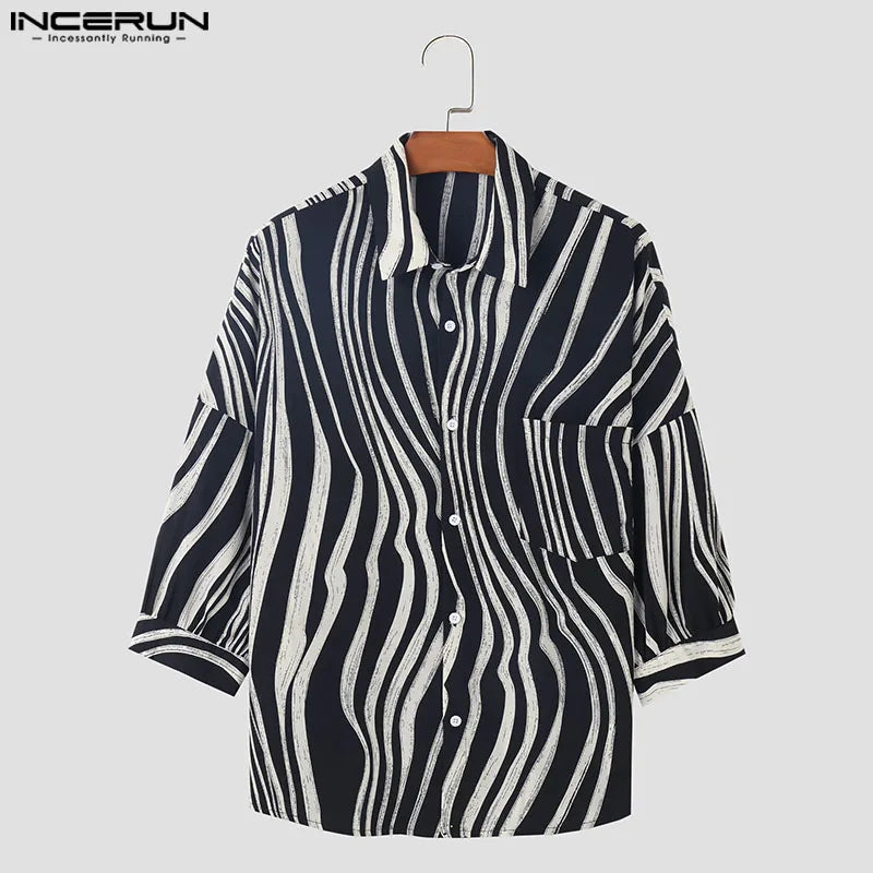 INCERUN Tops 2024 Korean Style Handsome Men Fashion Irregular Stripe Shirts Casual Streetwear Seven Quarter Sleeved Blouse S-5XL