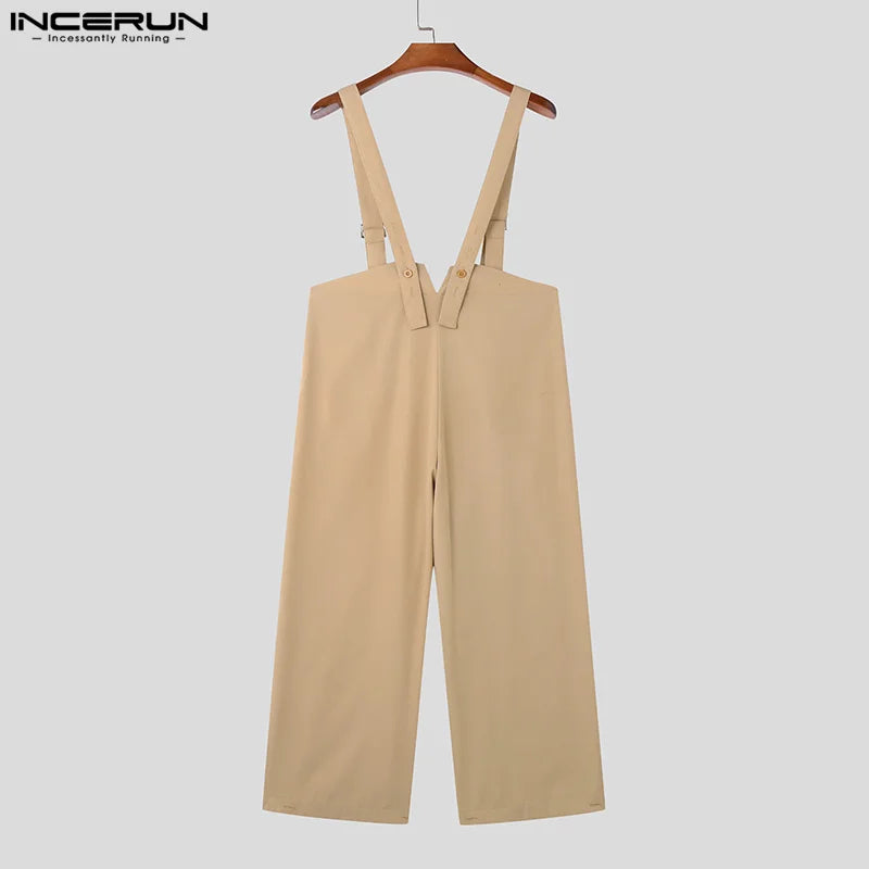 INCERUN 2024 Fashion New Men Rompers Loose High Waisted Wide Leg Jumpsuits Casual Solid Well Fitting Shoulder Strap Pants S-5XL