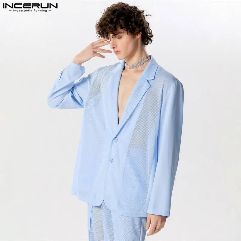 Fashion Well Fitting Tops INCERUN 2024 Men Mesh Hollowed Out Design Suit Coats Casual Streetwear Solid Long Sleeved Blazer S-5XL