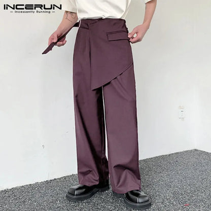 INCERUN 2024 Korean Style Pantalons Mens Stylish Solid Irregular Design Trousers Leisure Streetwear Hot Selling Long Pants S-5XL