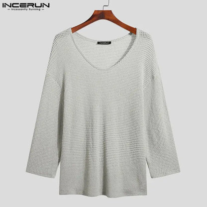 Stylish Hot Sale Tops INCERUN New Men All-match Simple V-neck Camiseta Casual Well Fitting Male Long Sleeve T-shirts S-5XL 2023