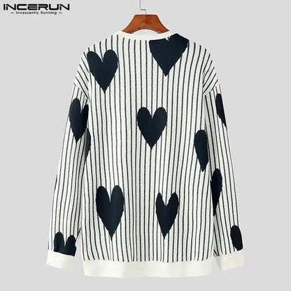 Stylish Funny Style Tops INCERUN Men's Love Stripe Printing Camiseta Casual Streetwear Male All-match Long Sleeve T-shirts S-5XL