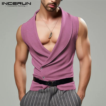 INCERUN Tops 2024 American Style Stylish New Men's Solid Casual Waistcoats Fashion Streetwear Personality Sleeveless Vests S-5XL