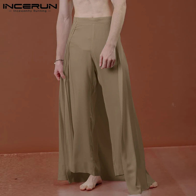 Stylish Men's Pantaloons See Through Wide Leg Loose Trousers Hot Sale Solid Color Loose Comfortable Long Pant S-5XL INCERUN 2023