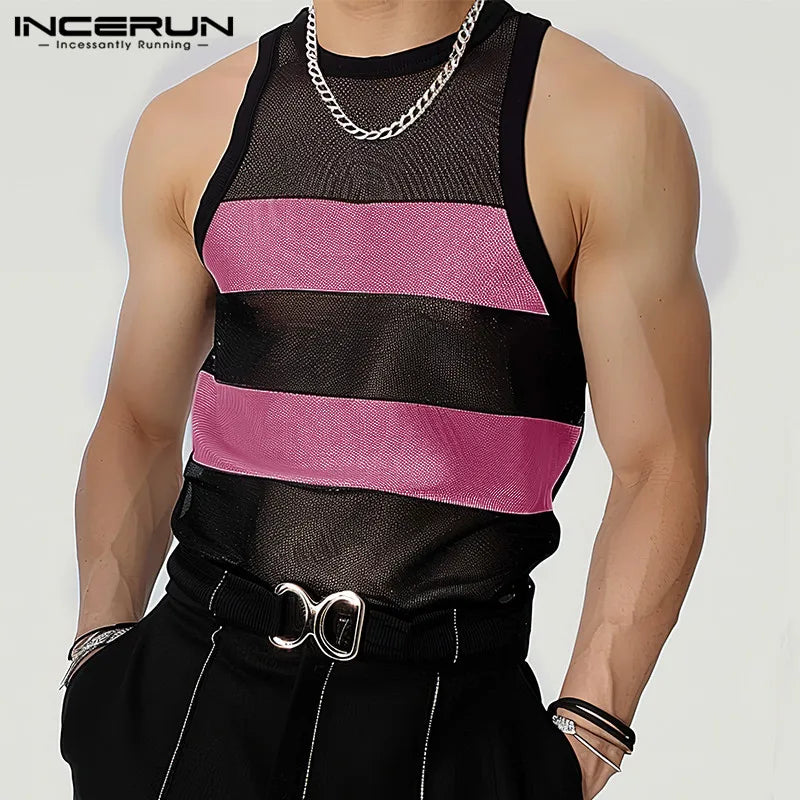 INCERUN Tops 2024 Style coréen Hommes Maille Contraste Couleur Patchwork Débardeurs Sexy Mode Perspective Mince Gilets Sans Manches S-5XL