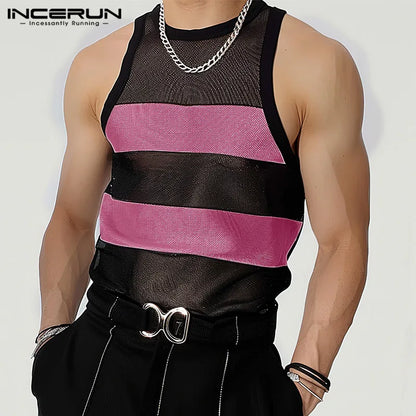 INCERUN Tops 2024 Korean Style Mens Mesh Contrast Color Patchwork Tank Tops Sexy Fashion Perspective Thin Sleeveless Vests S-5XL