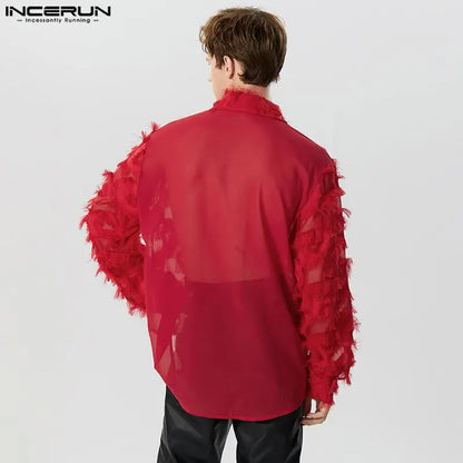 INCERUN Tops 2023 American Style Mens Stage Hot Selling Plume Tassel Design Shirts Casual Fashion Male Long Sleeved Blouse S-5XL