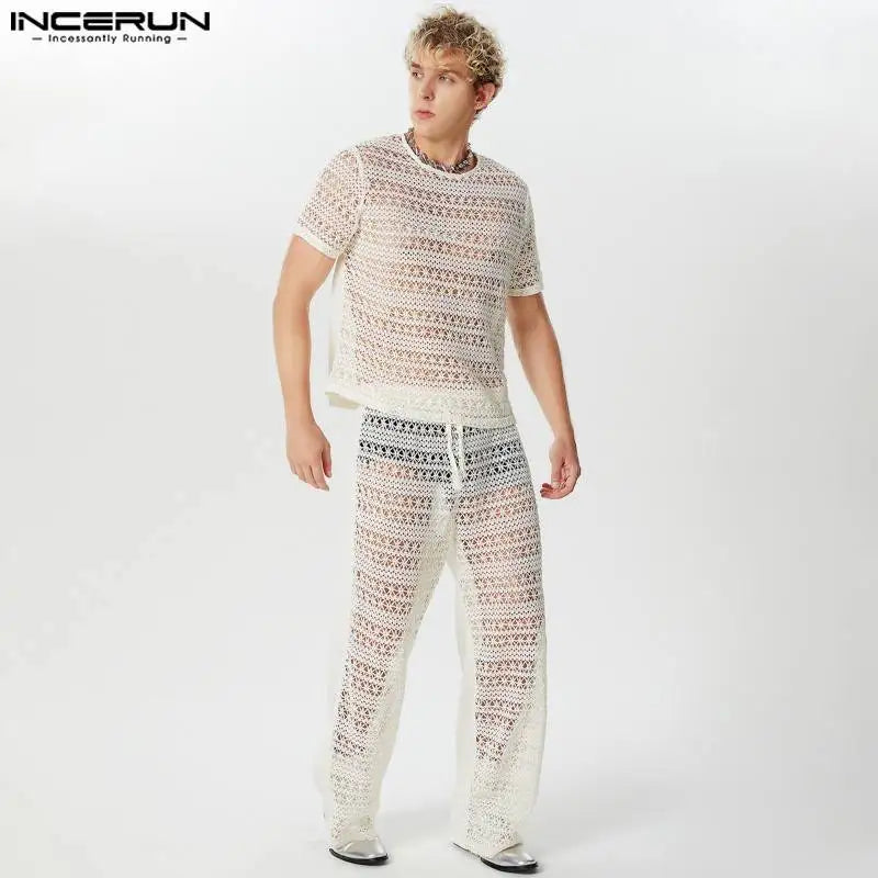 INCERUN 2024 American Style Fashion Sets Men's Hollowed Lace Short Sleeved Tops Long Pants Casual Streetwear Suit 2 Pieces S-5XL