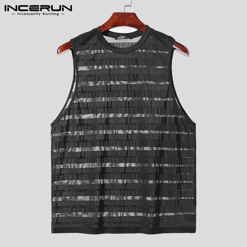 INCERUN Tops 2024 American Style Sexy New Men Horizontal Striped Mesh Perspective Vests Fashion Party Sleeveless Tank Tops S-2XL