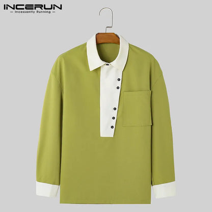 INCERUN Tops 2024 Korean Style Mens Collar Contrasting Color Pullover Shirts Leisure Personality Loose Long Sleeved Blouse S-5XL