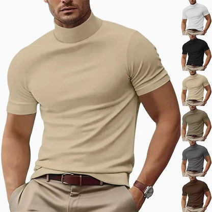 T-shirt décontracté d'été pour hommes, mode col semi-haut, slim, couleur unie, col de base, couleur unie, style simple