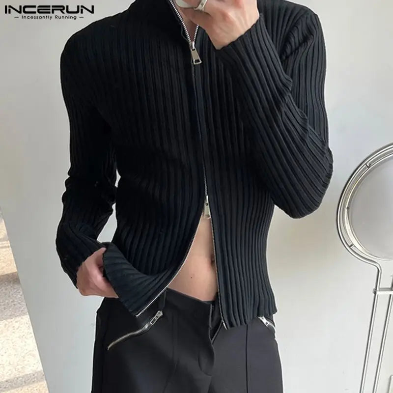 INCERUN 2023 Men T Shirts Solid Knitted Zipper Turtleneck Long Sleeve Casual Men Clothing Streetwear Autumn Fashion Tee Tops