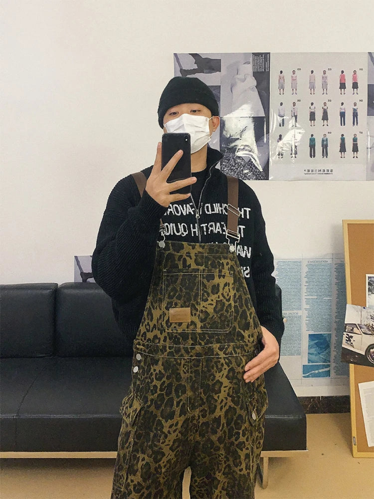 HOUZHOU Cargo-Overall mit Leopardenmuster für Herren, Streetwear, Hip Hop, Punk, lockere Bodysuits, Overalls, männliche Animal-Print-Taschenhose