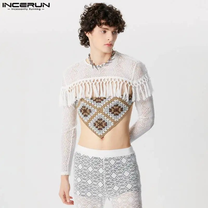 INCERUN Tops 2024 Fashion Men's Tassel Patchwork Lace Mesh Cropped Design T-shirts Sexy Casual Thin Long Sleeved Camiseta S-5XL