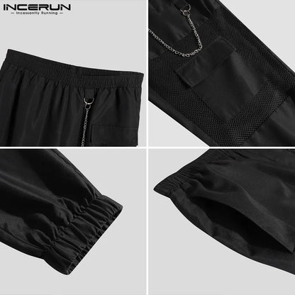 Fashion Well Fitting Long Pants INCERUN Men Chain Design Pantalons Male See-through Mesh Stitching Elastic Waist Trousers S-5XL