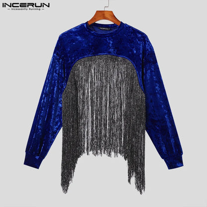 Stylish Casual Style Tops INCERUN Men's Cropped Suede Patchwork Long Tassel T-shirts Sexy Male Long Sleeved Camiseta S-5XL 2024