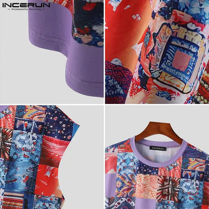 INCERUN Tops 2024 Handsome Men Personality Printed Patchwork Color Block Vests Male Streetwear O-neck Sleeveless Tank Tops S-5XL