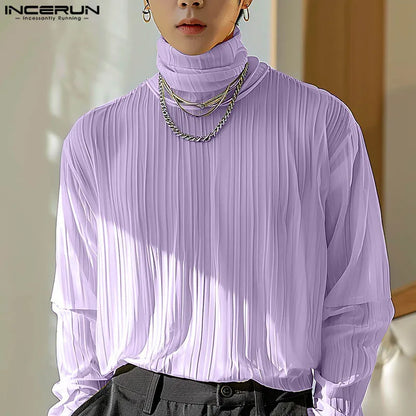 INCERUN Tops 2024 Korean Style New Men High Neck Design Striped Pleated T-shirts Casual Fashion Thin Long Sleeved Camiseta S-5XL