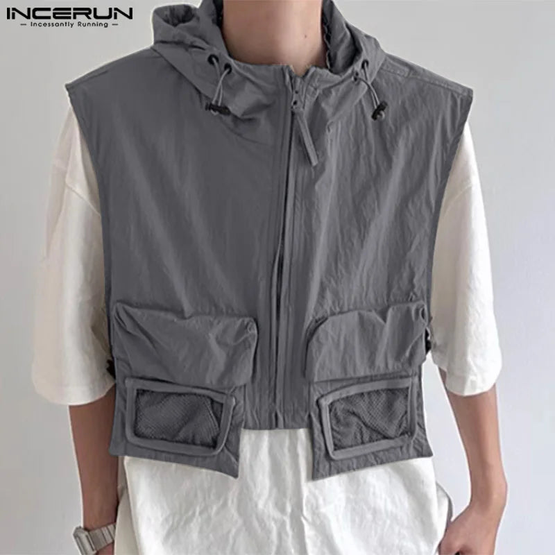 Stylish Casual Style Tops INCERUN Men Thin Cropped Zippered Hooded Design Vests Male Streetwear Solid Sleeveless Waistcoat S-5XL