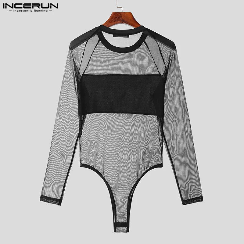 Men Bodysuits Mesh Patchwork O-neck Long Sleeve Sexy Rompers Male T Shirts Fitness Transparent 2023 Fashion Bodysuit INCERUN