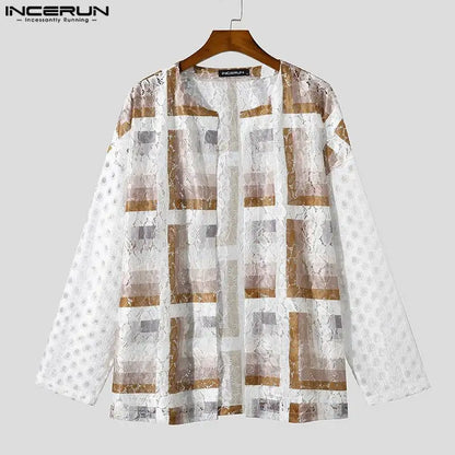 Lässige Mode-Stil Tops INCERUN Herren Tracery Patchwork Durchsichtige Mesh-Shirts Männliche Langarm Kragenlose Bluse S-5XL 2023