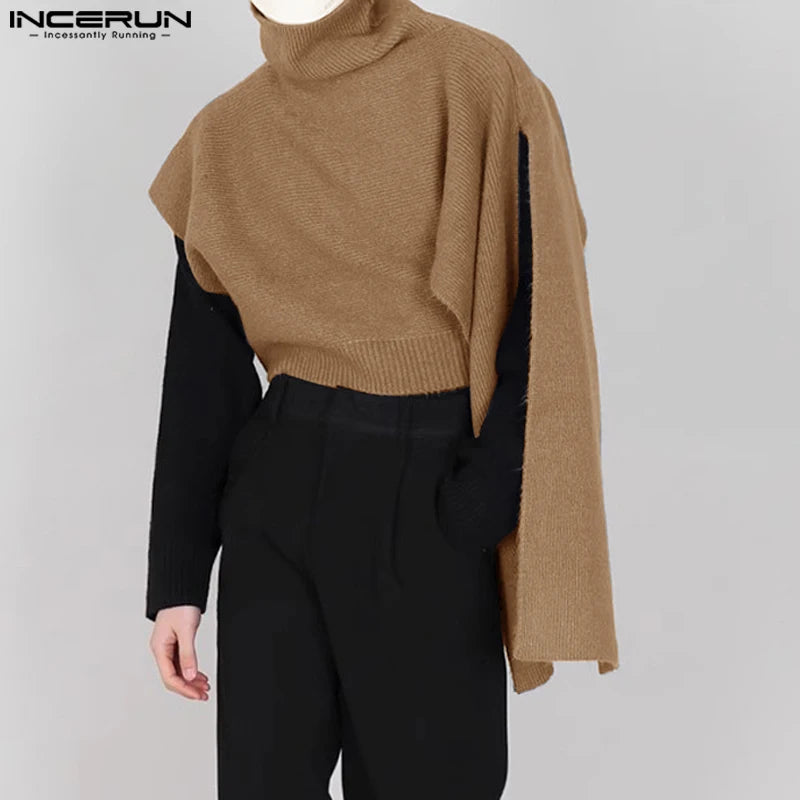 INCERUN Tops 2023 Korean Style Men's Cape Knitted High Necked Pullovers Stylish Irregular Cape Knitted Turtleneck Sweater S-5XL